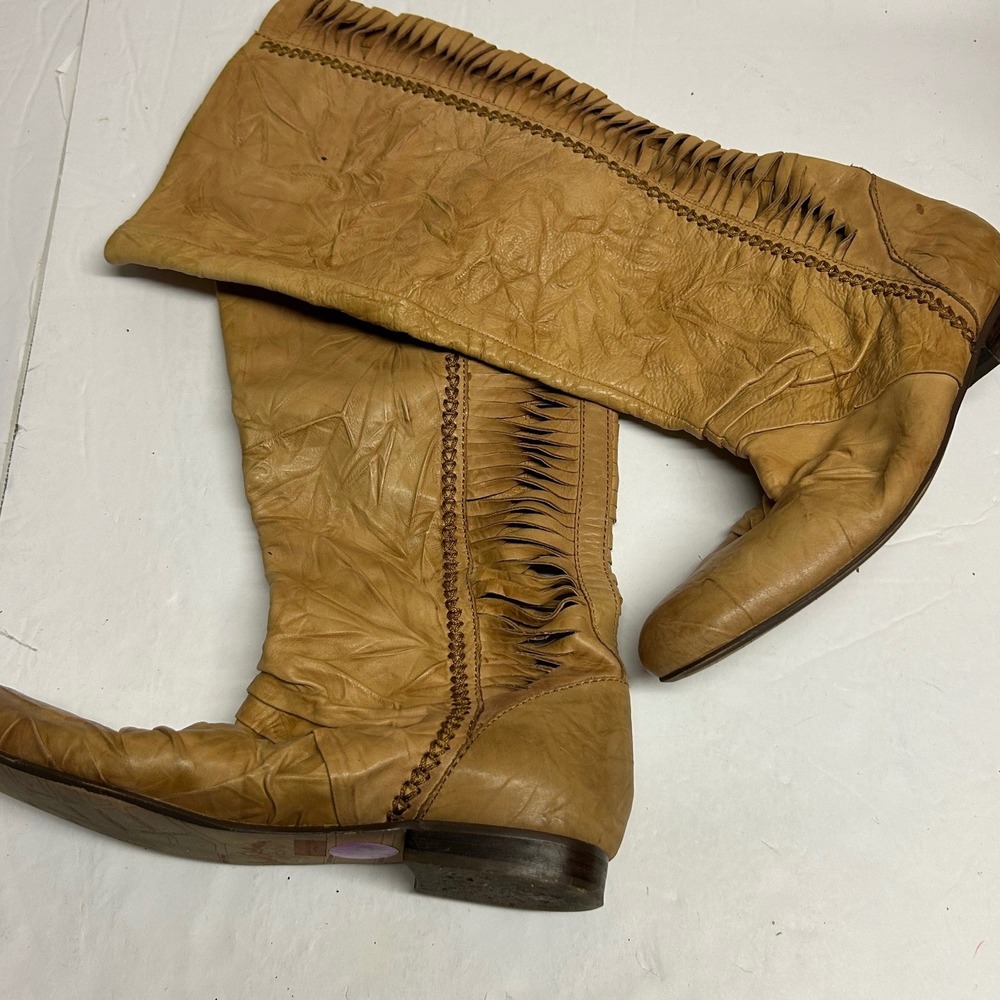 Sam Edelman Berlin Knee High Boots Size 8.5 Tan Leather Crinkle Fringe Round Toe